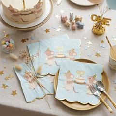 PartyDeco Blue 1st Birthday Party Mice Napkins 12 Pack, Pack of 12