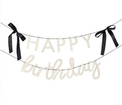 Happy Birthday Card Banner White Black Satin Bows Party Decoration (200cm)
