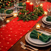 Red & Gold Velvet Star Christmas Table Runner for Festive Holiday Dining Decor