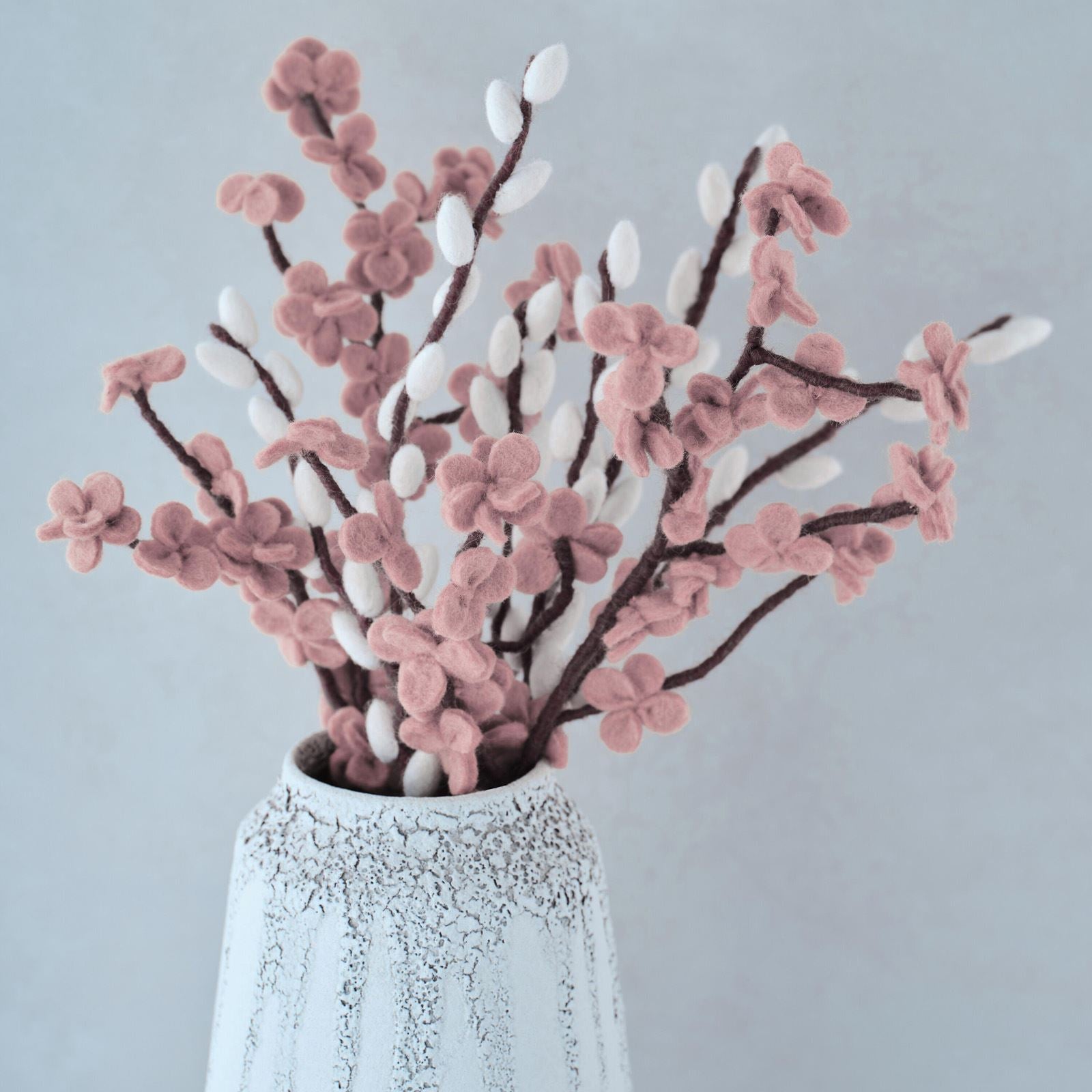 pink-and-white-felt-blossom-foliage-stems-spring-easter-decor|BLU-109|Luck and Luck| 1