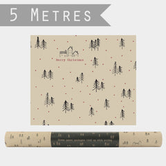 East of India Forest Christmas Kraft Wrapping Paper Roll in Brown Red Festive Design for Gifts 5m