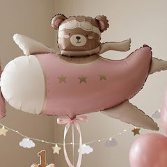 Pink Bear Airplane Foil Balloon – Kids Birthday Party Decoration