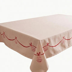 Pink Christmas Tablecloth with Red Bow Edge for Festive Holiday Table Styling 2.4m