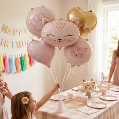 Cat Face Heart Foil Balloon Set for Pink Gold Birthday Parties 5 Pieces