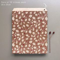 Elegant Red and Brown Large Holly Paper Gift Bags for Christmas Celebrations 50pk
