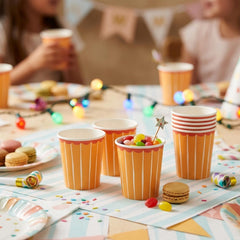 Yellow Striped Small Paper Party Cups for Birthdays and Celebrations (Pack of 10)