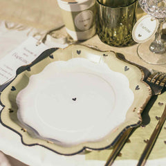 White Green Paper Party Plates with Gold Heart– Set of 8 Romantic Birthday Tableware
