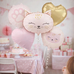 Cat Face Heart Foil Balloon Set for Pink Gold Birthday Parties 5 Pieces