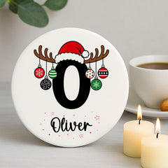White Porcelain Personalised Christmas Initial Coaster with Name for Festive Table
