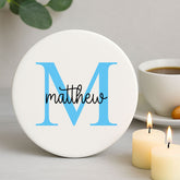 Personalised White and Blue Porcelain Coaster with Initial and Name Home Gift