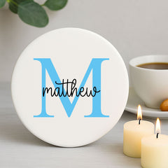 Personalised Elegant Blue Porcelain Coaster with Initial and Name – Unique Decorative Drinkware for Home or Thoughtful Gifts