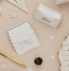 White Wavy Edge Place Cards with Velvet Bows for Christmas Tables Pack of 8