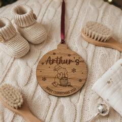 Personalised Winnie The Pooh Baby's First Christmas Wooden Bauble Tree Decoration