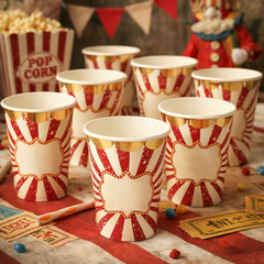 Vintage Circus Paper Cups for Birthday Parties – Red & White 255 ml Paper Drink Cups, Pack of 8