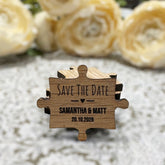 Personalised Save The Date Jigsaw Puzzle Pieces, Rustic Wooden Wedding Announcement Magnet, Custom Wood Save The Date Party Invitation, DESIGN 3