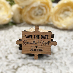 Personalised Save The Date Jigsaw Puzzle Pieces, Rustic Wooden Wedding Announcement Magnet, Custom Wood Save The Date Party Invitation, DESIGN 4