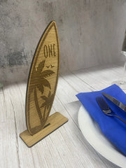 Surfboard Table Numbers, Wooden Beach Theme Wedding Centrepiece, Seaside Theme Party, Beach Wedding Table Name Cards, Laser Cut