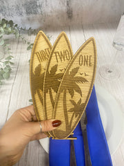 Surfboard Table Numbers, Wooden Beach Theme Wedding Centrepiece, Seaside Theme Party, Beach Wedding Table Name Cards, Laser Cut