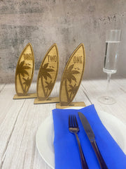 Surfboard Table Numbers, Wooden Beach Theme Wedding Centrepiece, Seaside Theme Party, Beach Wedding Table Name Cards, Laser Cut