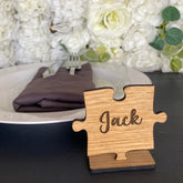 Personalised Jigsaw Wedding Place Names, Party Place Settings, Wooden Puzzle Name Cards On Stand, Rustic Party Name Table Decorations, Font 1