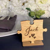 Personalised Jigsaw Wedding Place Names, Party Place Settings, Wooden Puzzle Name Cards On Stand, Rustic Party Name Table Decorations, Font 4