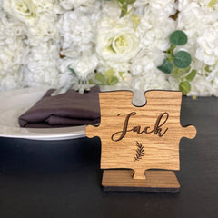 Personalised Jigsaw Wedding Place Names, Party Place Settings, Wooden Puzzle Name Cards On Stand, Rustic Party Name Table Decorations, Font 5