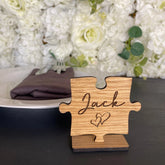 Personalised Jigsaw Wedding Place Names, Party Place Settings, Wooden Puzzle Name Cards On Stand, Rustic Party Name Table Decorations, Font 6