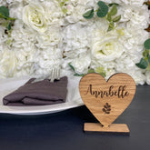 Personalised Heart Place Names, Wedding Place Settings, Wooden Heart Name Cards On Stand, Rustic Party Name Table Decorations, Font 2