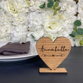 Personalised Heart Place Names, Wedding Place Settings, Wooden Heart Name Cards On Stand, Rustic Party Name Table Decorations, Font 6