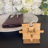 Personalised Jigsaw Wedding Place Names, Party Place Settings, Wooden Puzzle Name Cards On Stand, Rustic Party Name Table Decorations, Font 2