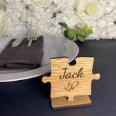Personalised Jigsaw Wedding Place Names, Party Place Settings, Wooden Puzzle Name Cards On Stand, Rustic Party Name Table Decorations, Font 3