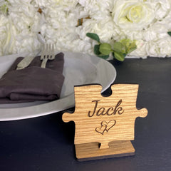Personalised Jigsaw Wedding Place Names, Party Place Settings, Wooden Puzzle Name Cards On Stand, Rustic Party Name Table Decorations, Font 3