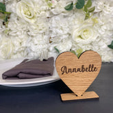 Personalised Heart Place Names, Wedding Place Settings, Wooden Heart Name Cards On Stand, Rustic Party Name Table Decorations, Font 1