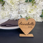 Personalised Heart Place Names, Wedding Place Settings, Wooden Heart Name Cards On Stand, Rustic Party Name Table Decorations, Font 3