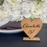 Personalised Heart Place Names, Wedding Place Settings, Wooden Heart Name Cards On Stand, Rustic Party Name Table Decorations, Font 4