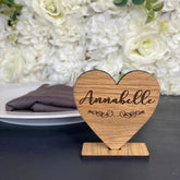 Personalised Heart Place Names, Wedding Place Settings, Wooden Heart Name Cards On Stand, Rustic Party Name Table Decorations, Font 5