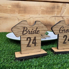Personalised Football Shirt Place Names, Soccer Party Place Settings, Wooden Name Cards On Stand, Rustic Party Name Table Decorations