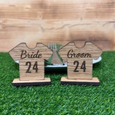 Personalised Football Shirt Place Names, Soccer Party Place Settings, Wooden Name Cards On Stand, Rustic Party Name Table Decorations