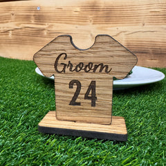 Personalised Football Shirt Place Names, Soccer Party Place Settings, Wooden Name Cards On Stand, Rustic Party Name Table Decorations