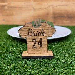 Personalised Football Shirt Place Names, Soccer Party Place Settings, Wooden Name Cards On Stand, Rustic Party Name Table Decorations
