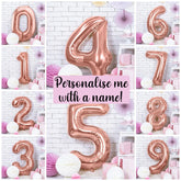 Giant Rose Gold Number Balloon and Personalisation, Birthday Age Balloons, Party Decor, Number 0 1 2 3 4 5 6 7 8 9, Vinyl Sticker Name