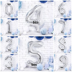 Giant Silver Number Balloon and Personalisation, Birthday Age Balloons, Party Decor, Number 0 1 2 3 4 5 6 7 8 9, Vinyl Sticker Name