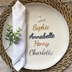 Personalised Acrylic Birthday Party Place Names, Coloured Napkin Wedding Favours, Small Childrens Craft Name Tags, Modern Laser Cut Names, Font 3