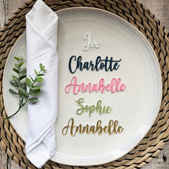 Personalised Sprayed Acrylic Wedding Place Names, Napkin Favours, Small Childrens Acrylic Name Tags, Modern Name Cards, Colour Laser Cut Names, Font 8