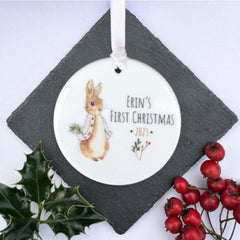 personalised-flopsy-rabbit-1st-christmas-design-porcelain-bauble-gift|LLUVPORC12|Luck and Luck| 1