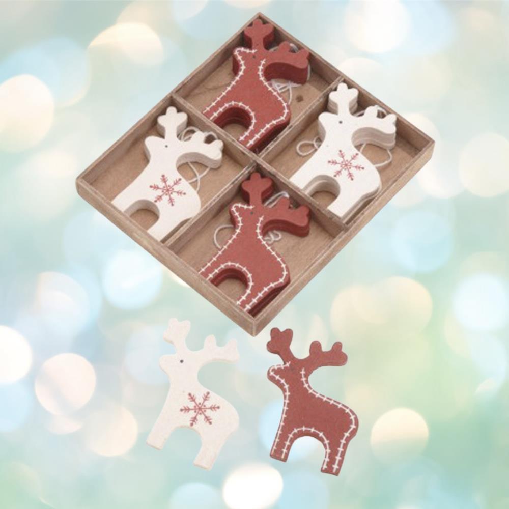 christmas-reindeer-tree-decorations-x-12-wooden-red-and-cream-deer|XX510|Luck and Luck| 1