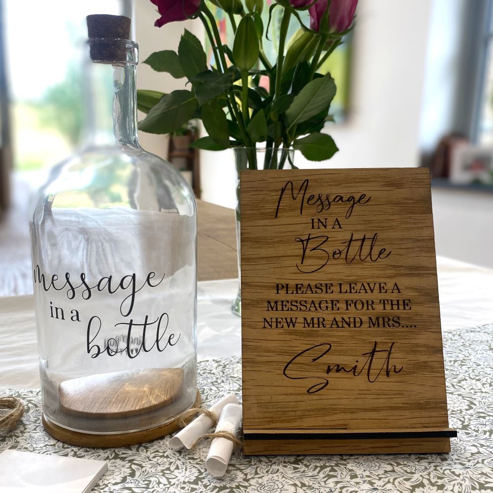 message-in-a-bottle-wedding-guest-book-with-personalised-wooden-sign|LLWWBRA315P|Luck and Luck| 1