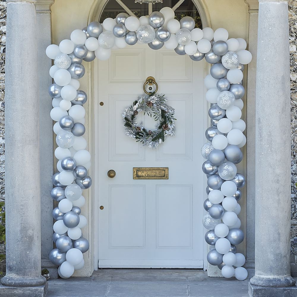 silver-and-white-christmas-door-balloon-arch-240-balloons|TIS-606|Luck and Luck| 1