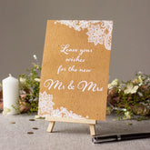 leave-your-wishes-rustic-wedding-sign-brown-with-white-lace-design-and-easel|LLSTWLACELYW|Luck and Luck| 1