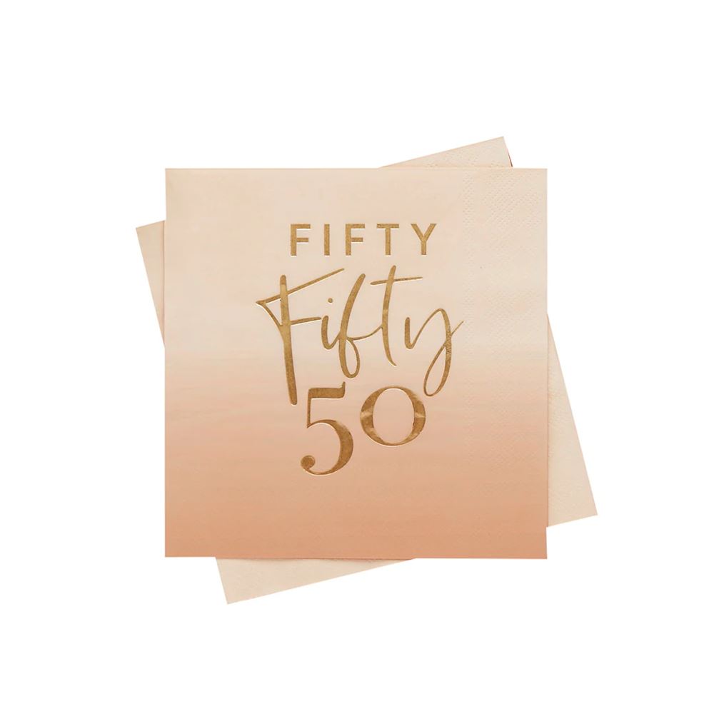 gold-foil-fifty-50th-birthday-peach-ombre-napkins-x-16|HBMB113|Luck and Luck|2